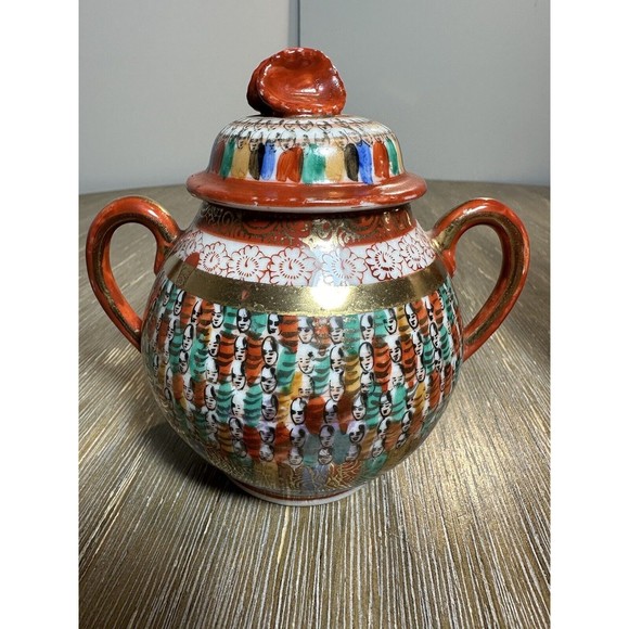 Antique Thousand Faces Kutani Hand-Painted Japanese Teapot, Sugar & Creamer Set - Picture 4 of 12